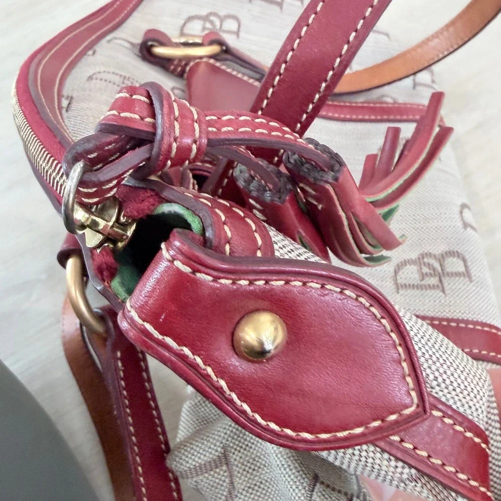 Dooney & Bourke Signature Monogram Canvas Satchel Burgundy Leather Trim 33906721